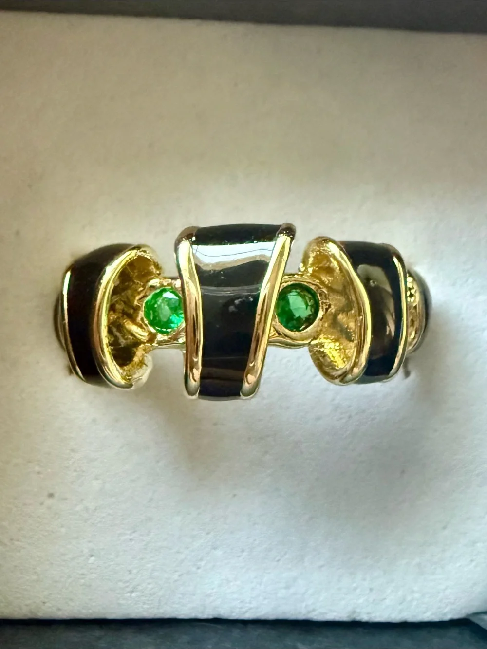 NEW! 18k Yellow Gold Plated & Black Enamel and Green Stone Women's Ring